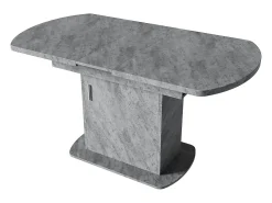 Mesa de comedor extensible ovalada con espacio de almacenaje, diseño moderno, aspecto hormigón, con tirador plateado (110/130x70x75 cm)