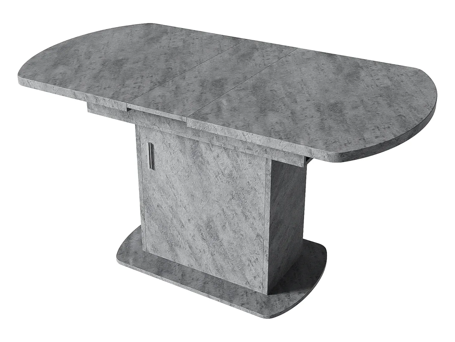 Mesa de comedor extensible ovalada con espacio de almacenaje, diseño moderno, aspecto hormigón, con tirador plateado (110/130x70x75 cm)