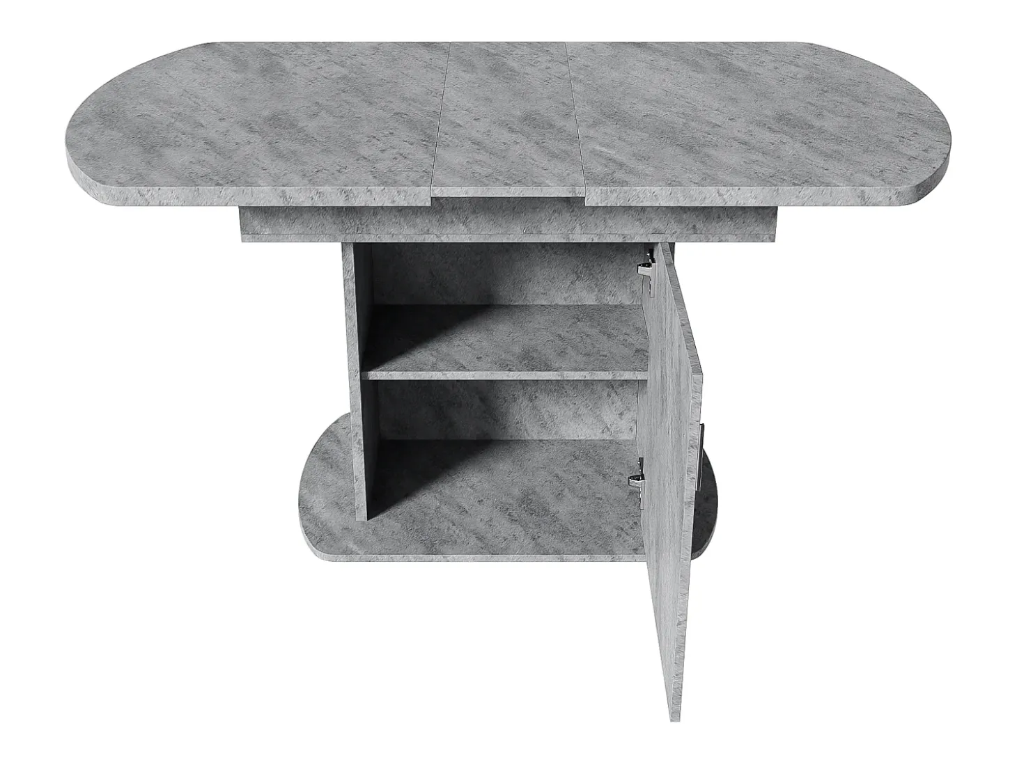 Mesa de comedor extensible ovalada con espacio de almacenaje, diseño moderno, aspecto hormigón, con tirador plateado (110/130x70x75 cm)