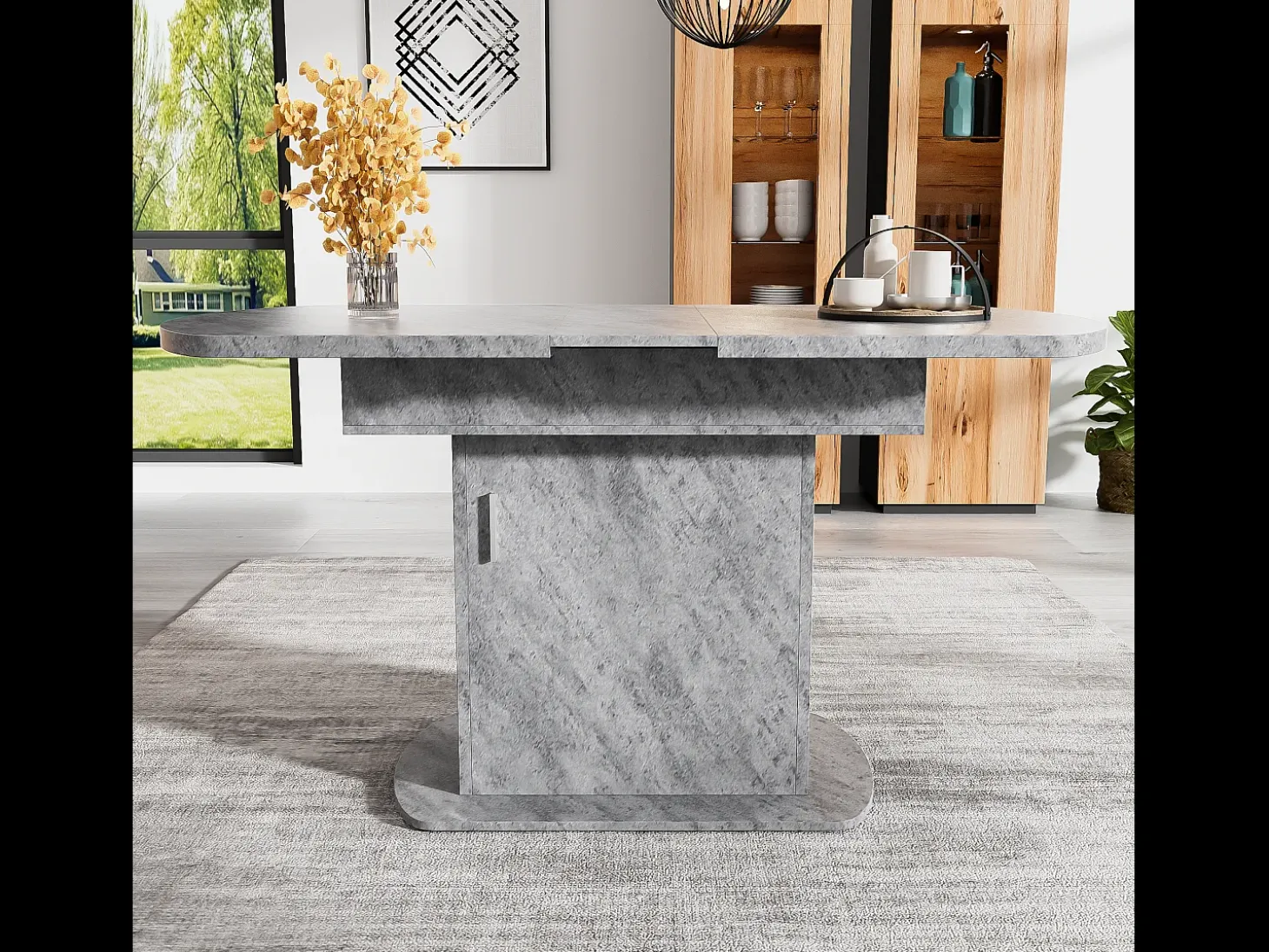 Mesa de comedor extensible ovalada con espacio de almacenaje, diseño moderno, aspecto hormigón, con tirador plateado (110/130x70x75 cm)