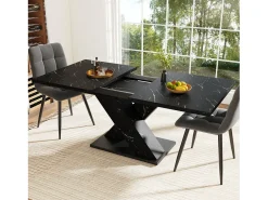 Mesa de comedor extensible con efecto mármol, para 4-6 personas - 119/158,5 x 80 x 75 cm - diseño moderno en forma de X - MDF - negro