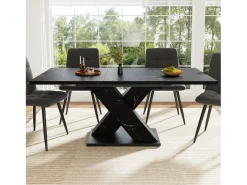 Mesa de comedor extensible con efecto mármol, para 4-6 personas - 119/158,5 x 80 x 75 cm - diseño moderno en forma de X - MDF - negro