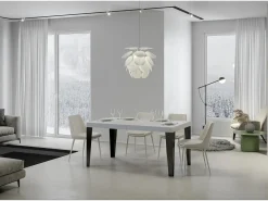 Mesa de comedor extensible Flavio-Color Blanco-Base y soporte con ruedas-5 alargaderas finas-Ancho extensible