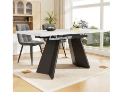 Mesa de comedor extensible (99-159x74cm), mesa de cocina con función telescópica, MDF, patas de metal, blanco/negro (99-159x74x77 cm)