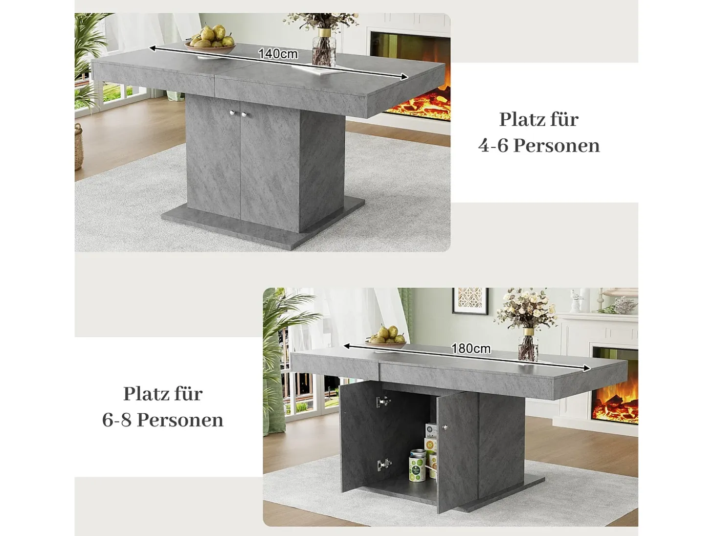 Mesa de comedor extensible - 4 a 8 personas - con espacio de almacenamiento - Paneles de partículas grises - 140/180x80x76cm