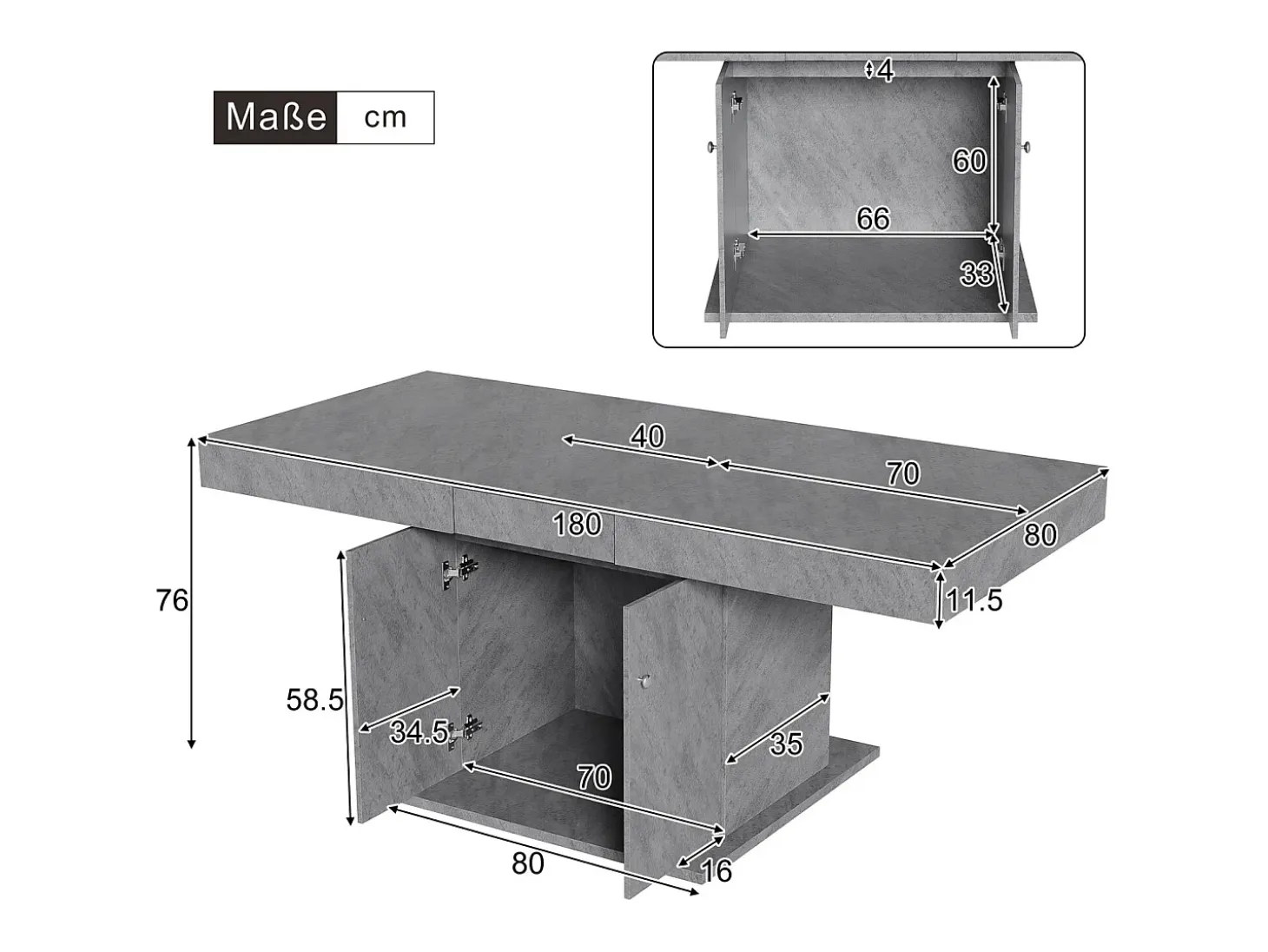 Mesa de comedor extensible - 4 a 8 personas - con espacio de almacenamiento - Paneles de partículas grises - 140/180x80x76cm