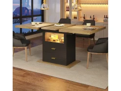 Mesa de comedor extensible de 6 plazas con LED - 110/140 x 80 x 75 cm - para comedores y cocinas - MDF + metal - negro + natural