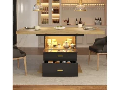 Mesa de comedor extensible de 6 plazas con LED - 110/140 x 80 x 75 cm - para comedores y cocinas - MDF + metal - negro + natural