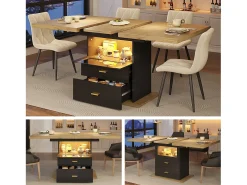Mesa de comedor extensible de 6 plazas con LED - 110/140 x 80 x 75 cm - para comedores y cocinas - MDF + metal - negro + natural