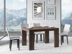 Mesa de comedor extensible de madera Ribo-Color Marrón-Soporte 4 pies-5 alargaderas finas-Ancho extensible