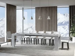 Mesa de comedor extensible de madera Ribo-Color Gris cemento-Soporte 4 pies-5 alargaderas finas-Ancho extensible