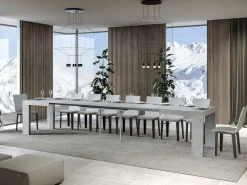 Mesa de comedor extensible de madera Ribo-Color Gris cemento-Soporte 4 pies-5 alargaderas finas-Ancho extensible
