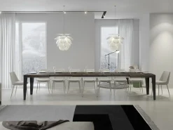 Mesa de comedor extensible Flavio-Color Marrón-Soporte 4 pies-5 alargaderas finas-Ancho extensible