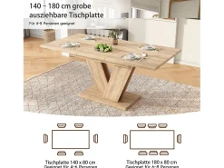 Mesa de comedor extensible - 140/180 x 80 x 75,5 cm - para 4 a 6 personas - Patas en forma de V - estilo minimalista - MDF - natural