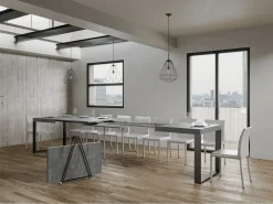 Mesa de comedor extensible tiroz-Color Gris cemento-Base y soporte con ruedas-5 alargaderas finas-Ancho extensible