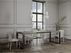 Mesa de comedor extensible tiroz-Color Gris cemento-Base y soporte con ruedas-5 alargaderas finas-Ancho extensible
