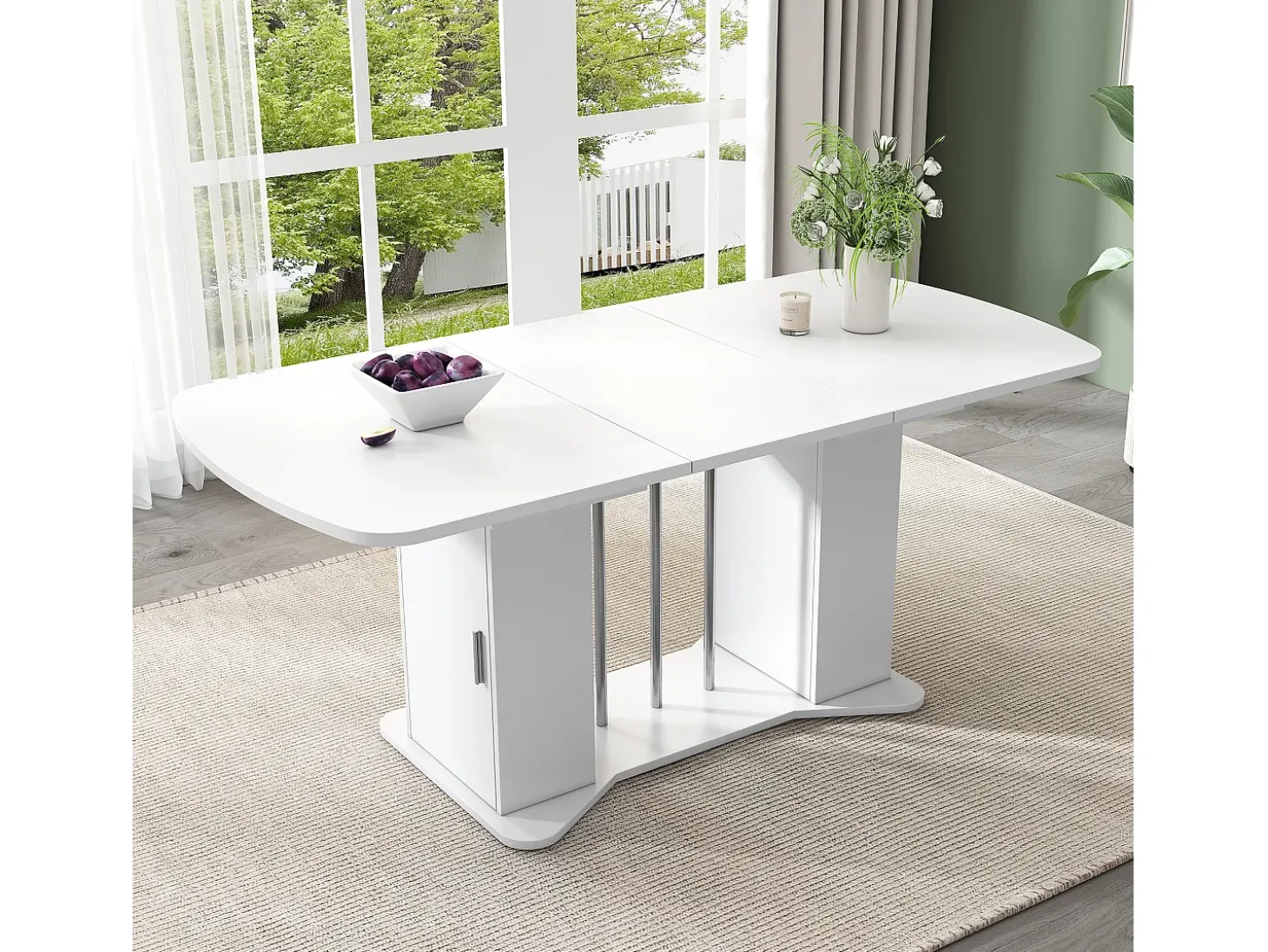 Mesa de comedor extensible de diseño moderno, MDF, color blanco con patas de metal plateado, con almacenaje integrado (L120-160 x P80 x H75,5 cm)