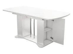 Mesa de comedor extensible de diseño moderno, MDF, color blanco con patas de metal plateado, con almacenaje integrado (L120-160 x P80 x H75,5 cm)