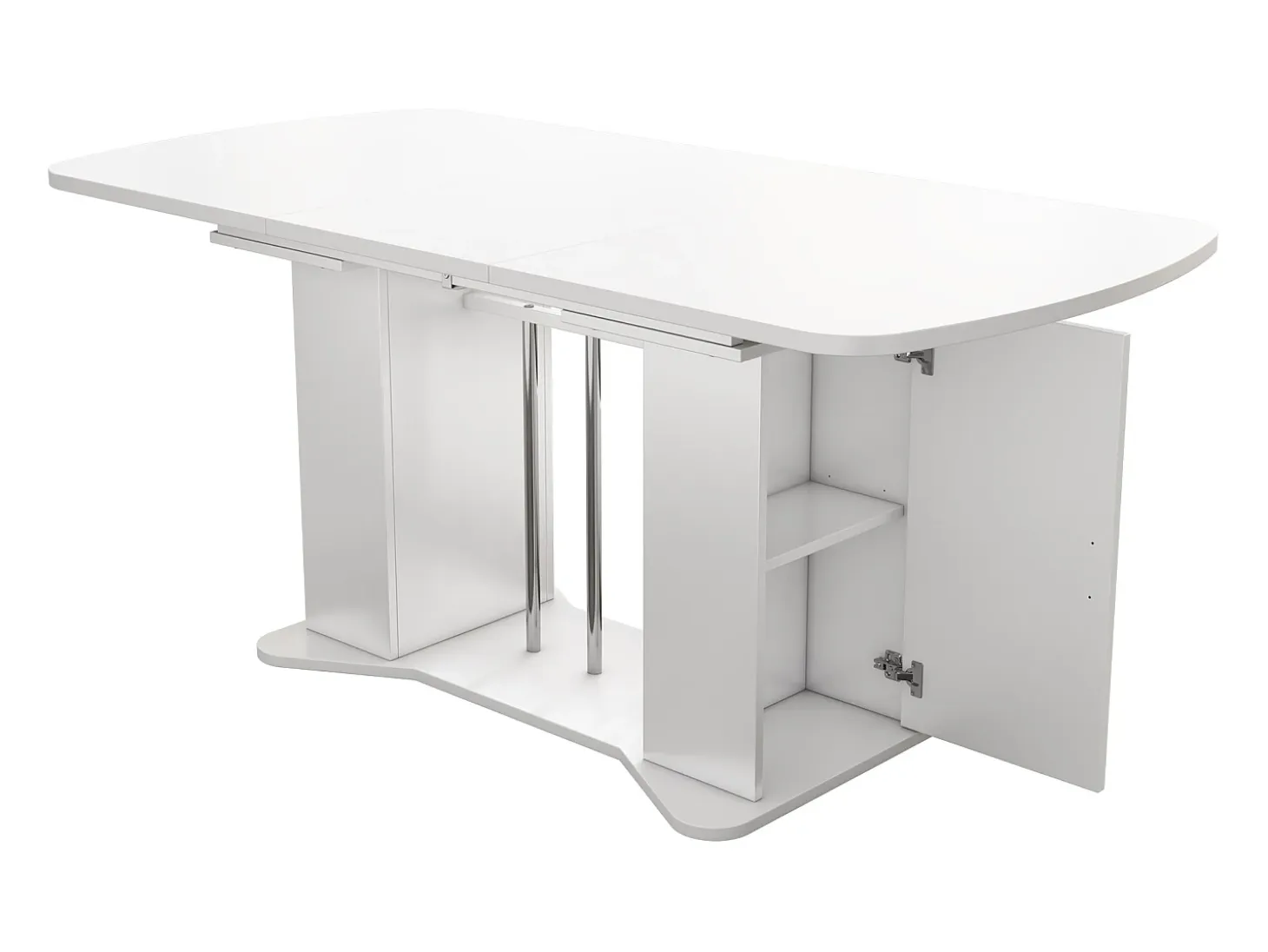 Mesa de comedor extensible de diseño moderno, MDF, color blanco con patas de metal plateado, con almacenaje integrado (L120-160 x P80 x H75,5 cm)