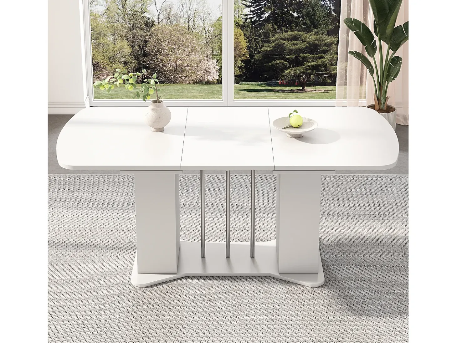 Mesa de comedor extensible de diseño moderno, MDF, color blanco con patas de metal plateado, con almacenaje integrado (L120-160 x P80 x H75,5 cm)