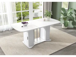 Mesa de comedor extensible de diseño moderno, MDF, color blanco con patas de metal plateado, con almacenaje integrado (L120-160 x P80 x H75,5 cm)