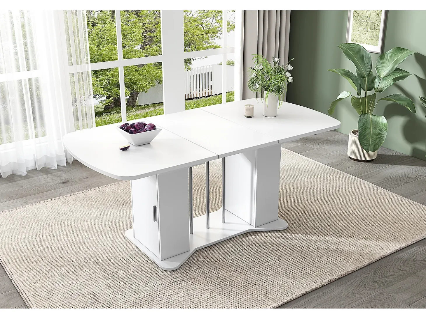Mesa de comedor extensible de diseño moderno, MDF, color blanco con patas de metal plateado, con almacenaje integrado (L120-160 x P80 x H75,5 cm)