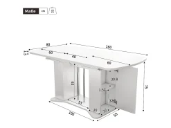 Mesa de comedor extensible de diseño moderno, MDF, color blanco con patas de metal plateado, con almacenaje integrado (L120-160 x P80 x H75,5 cm)