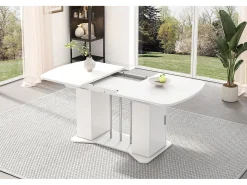 Mesa de comedor extensible de diseño moderno, MDF, color blanco con patas de metal plateado, con almacenaje integrado (L120-160 x P80 x H75,5 cm)
