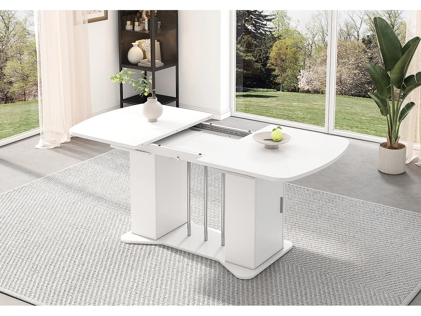 Mesa de comedor extensible de diseño moderno, MDF, color blanco con patas de metal plateado, con almacenaje integrado (L120-160 x P80 x H75,5 cm)