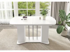 Mesa de comedor extensible de diseño moderno, MDF, color blanco con patas de metal plateado, con almacenaje integrado (L120-160 x P80 x H75,5 cm)