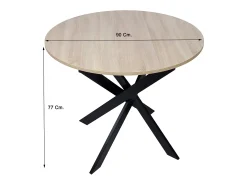 Mesa de comedor fija redonda ZEN, 90 x 90 x 77 cm, Capacidad hasta 4 personas, Color roble, Patas metálicas negro lacado mate