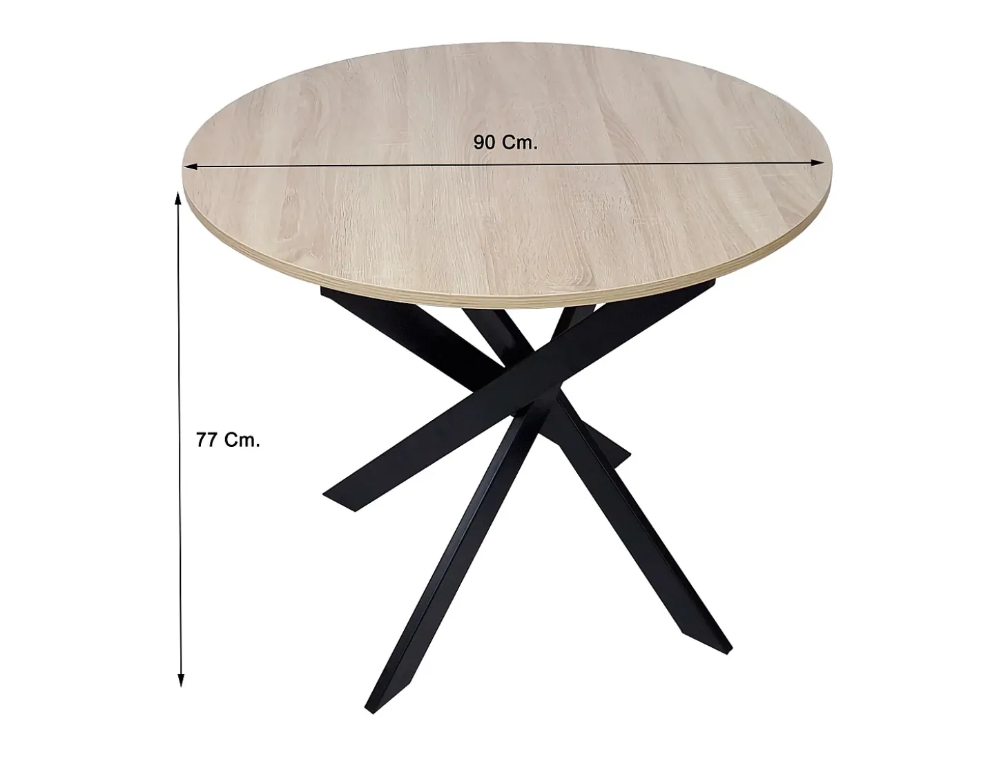 Mesa de comedor fija redonda ZEN, 90 x 90 x 77 cm, Capacidad hasta 4 personas, Color roble, Patas metálicas negro lacado mate