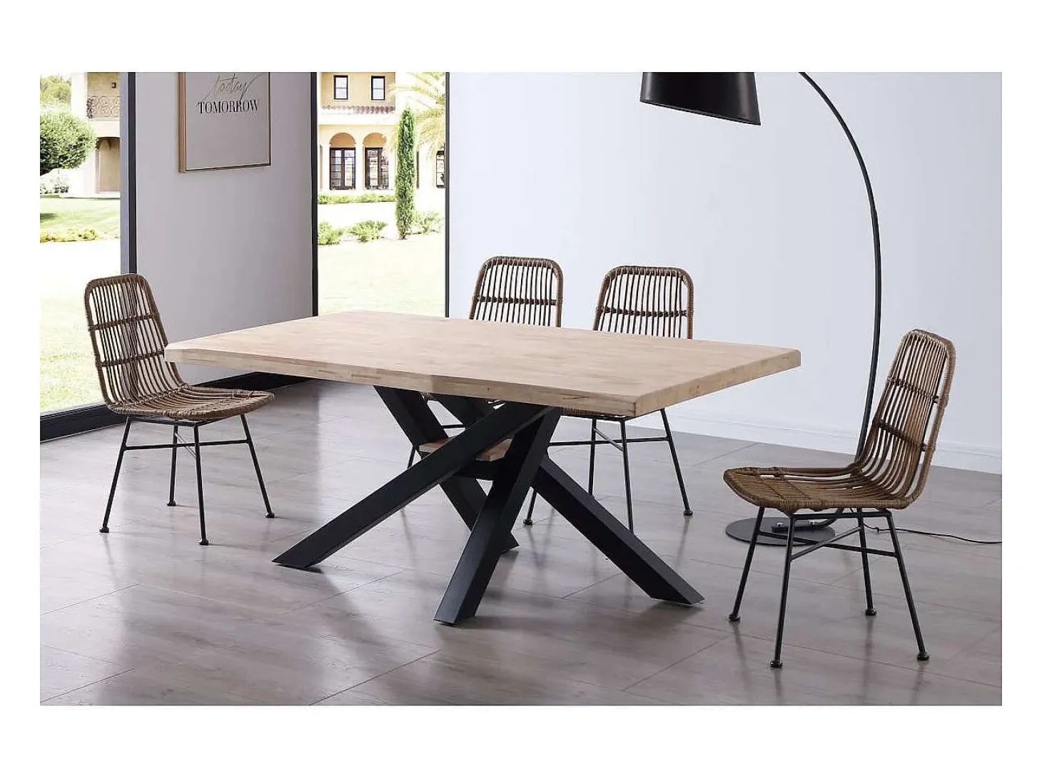 Mesa de comedor fija Xena 180 tapa con forma acabado roble nordish/negro, 76 cm(alto)180 c