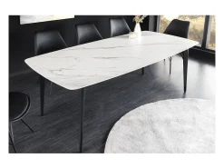 Mesa de comedor HEXA 160 cm – Tablero de cerámica efecto mármol blanco y estructura de metal negro