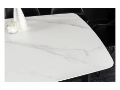 Mesa de comedor HEXA 160 cm – Tablero de cerámica efecto mármol blanco y estructura de metal negro