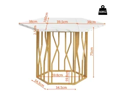 Mesa de comedor hexagonal de mármol - 115,5 x 100 x 75 cm - estructura de metal dorado - MDF + Acero - blanco + dorado