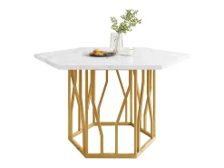 Mesa de comedor hexagonal de mármol - 115,5 x 100 x 75 cm - estructura de metal dorado - MDF + Acero - blanco + dorado