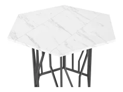 Mesa de comedor hexagonal con tablero chapado en mármol blanco y patas centrales de metal negro - 115,5x100x75cm