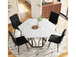 Mesa de comedor hexagonal con tablero chapado en mármol blanco y patas centrales de metal negro - 115,5x100x75cm