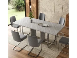 Mesa de comedor, L180 x W80 x H75 cm, moderna, con patas de metal, mesa rectangular grande para 6 personas, gris y plata