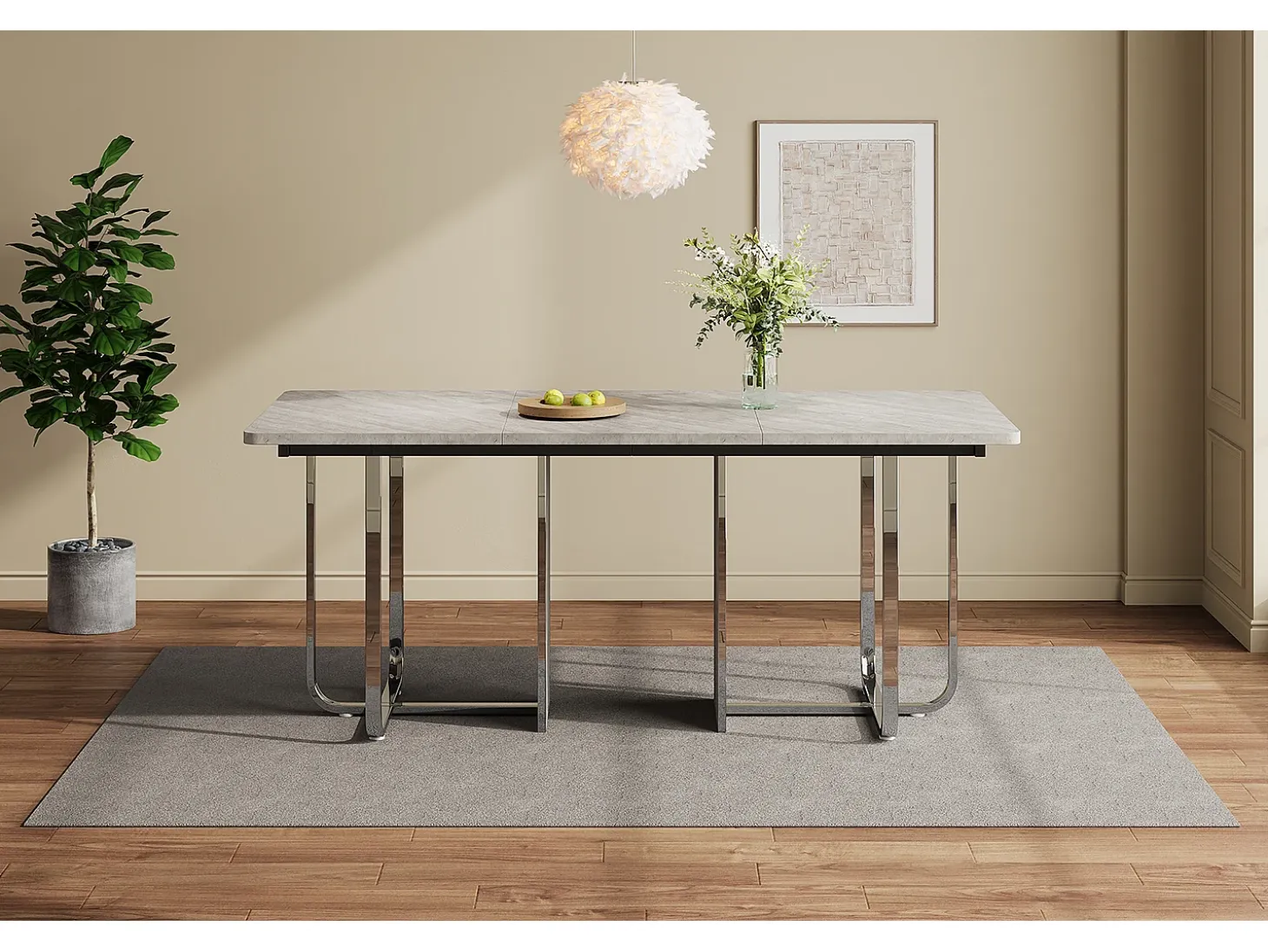 Mesa de comedor, L180 x W80 x H75 cm, moderna, con patas de metal, mesa rectangular grande para 6 personas, gris y plata