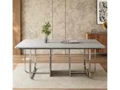 Mesa de comedor, L180 x W80 x H75 cm, moderna, con patas de metal, mesa rectangular grande para 6 personas, gris y plata