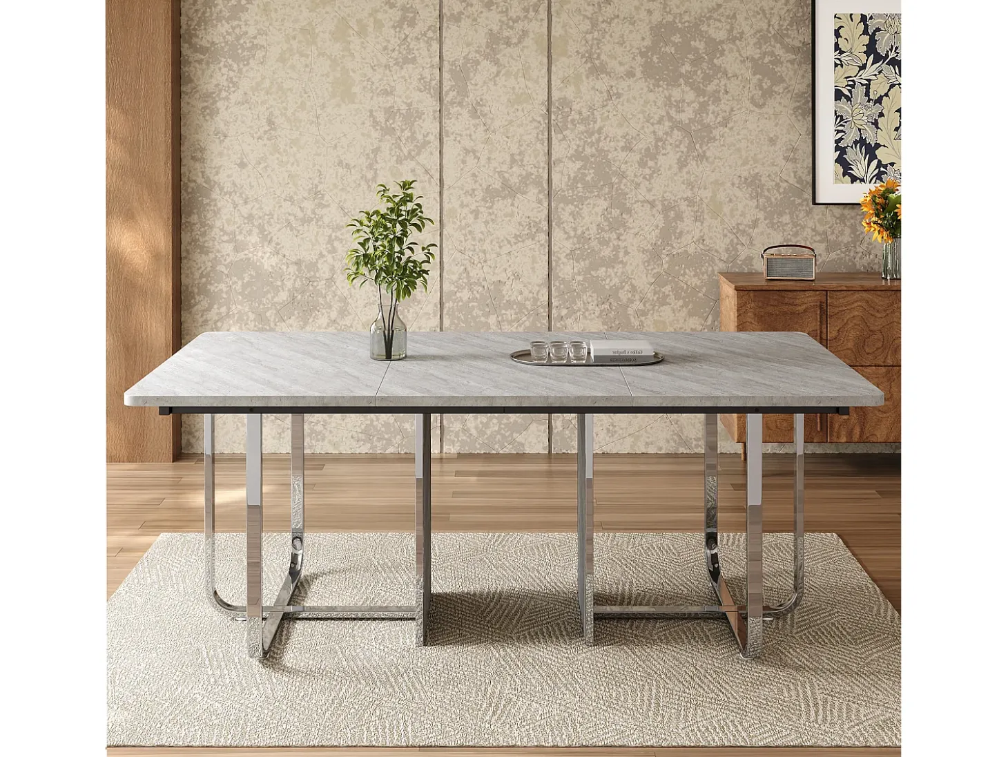 Mesa de comedor, L180 x W80 x H75 cm, moderna, con patas de metal, mesa rectangular grande para 6 personas, gris y plata