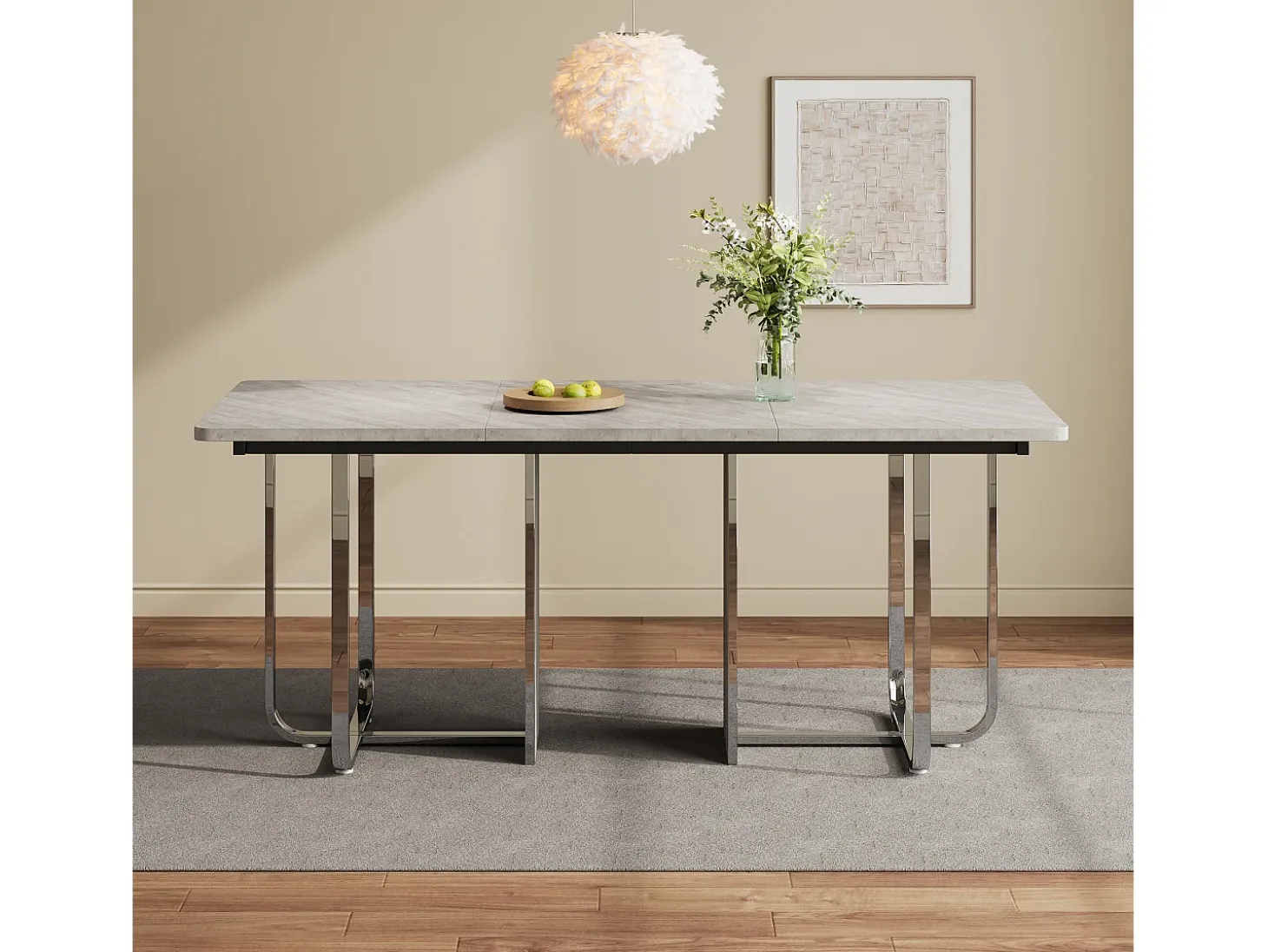 Mesa de comedor, L180 x W80 x H75 cm, moderna, con patas de metal, mesa rectangular grande para 6 personas, gris y plata