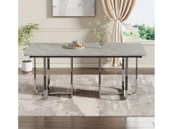 Mesa de comedor, L180 x W80 x H75 cm, moderna, con patas de metal, mesa rectangular grande para 6 personas, gris y plata
