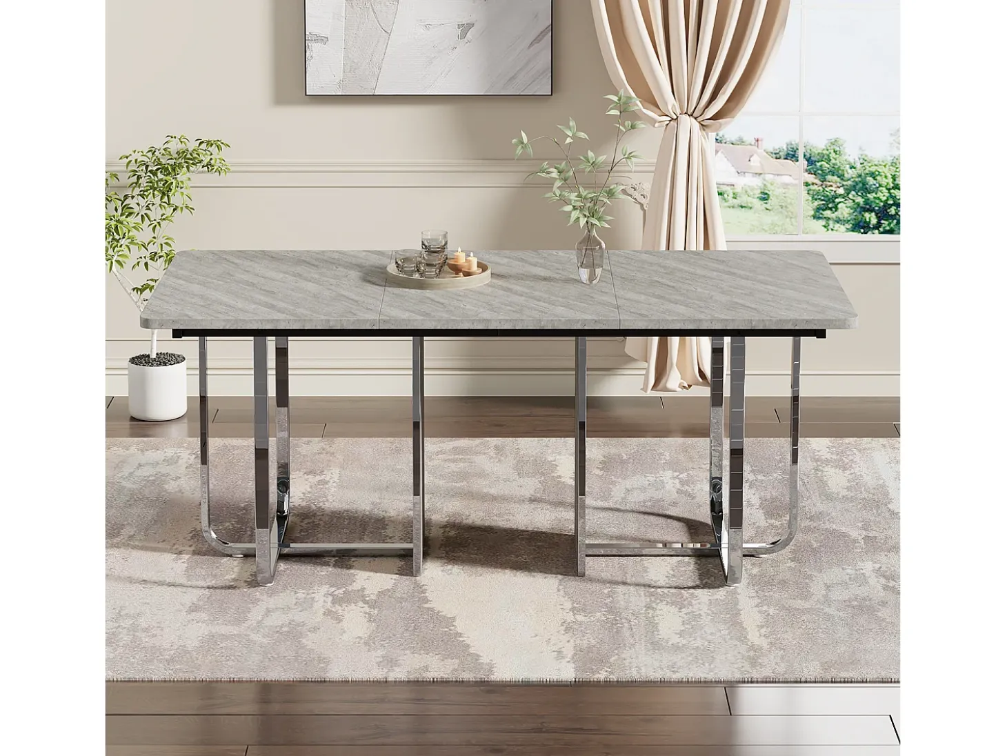 Mesa de comedor, L180 x W80 x H75 cm, moderna, con patas de metal, mesa rectangular grande para 6 personas, gris y plata