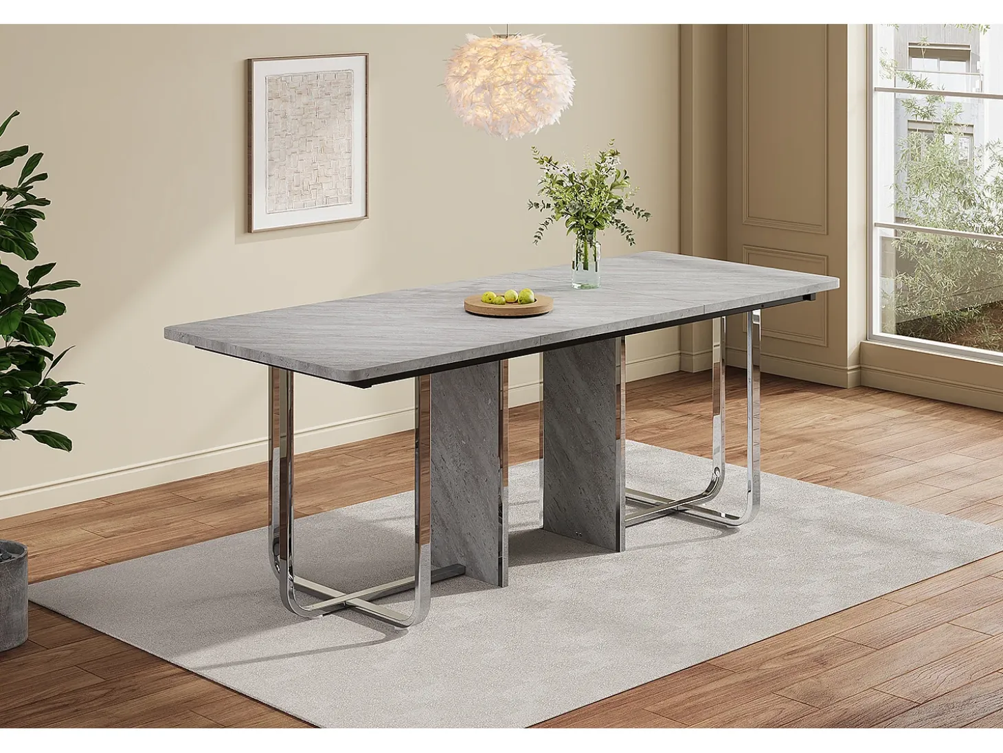 Mesa de comedor, L180 x W80 x H75 cm, moderna, con patas de metal, mesa rectangular grande para 6 personas, gris y plata