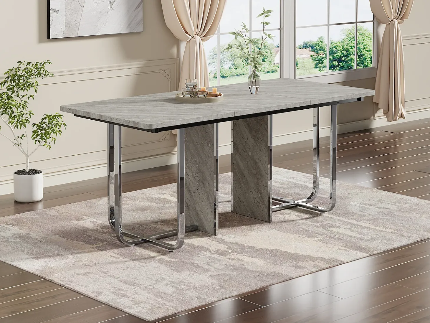 Mesa de comedor, L180 x W80 x H75 cm, moderna, con patas de metal, mesa rectangular grande para 6 personas, gris y plata