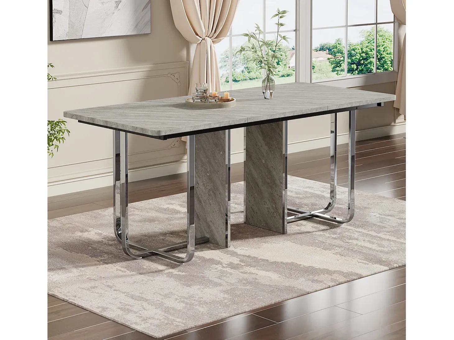 Mesa de comedor, L180 x W80 x H75 cm, moderna, con patas de metal, mesa rectangular grande para 6 personas, gris y plata