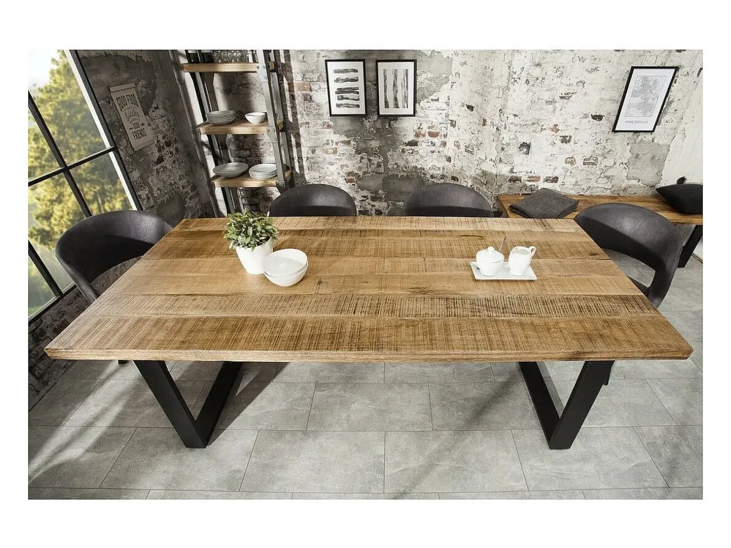 Mesa de comedor LODEN 200 cm – Tablero de madera maciza de mango y patas de metal negro